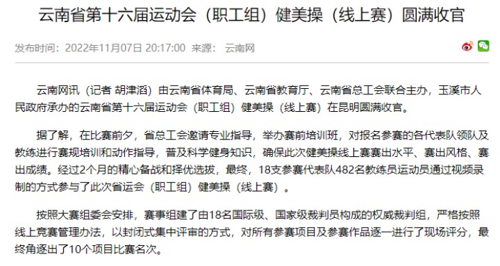 热烈祝贺！云煤（pp电子）集团在云南省第十六届运动会（职工组）健美操（线上赛）中斩获佳绩